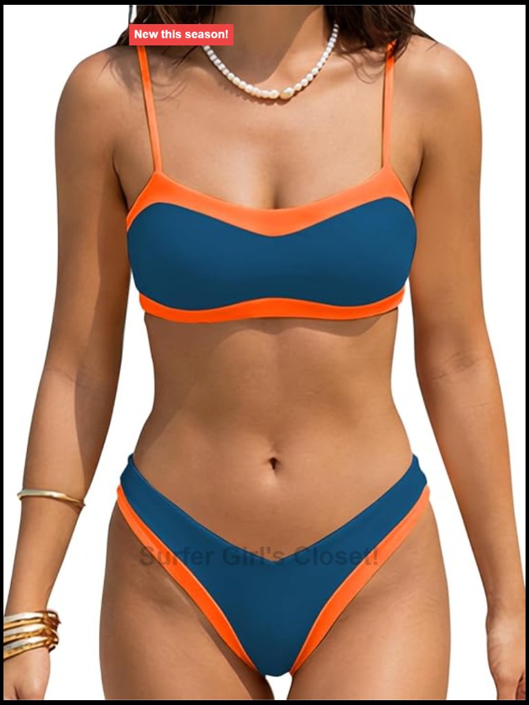 Two Piece Swimsuit Bikini Set High Cut Adjustable Spaghetti Straps Color Block